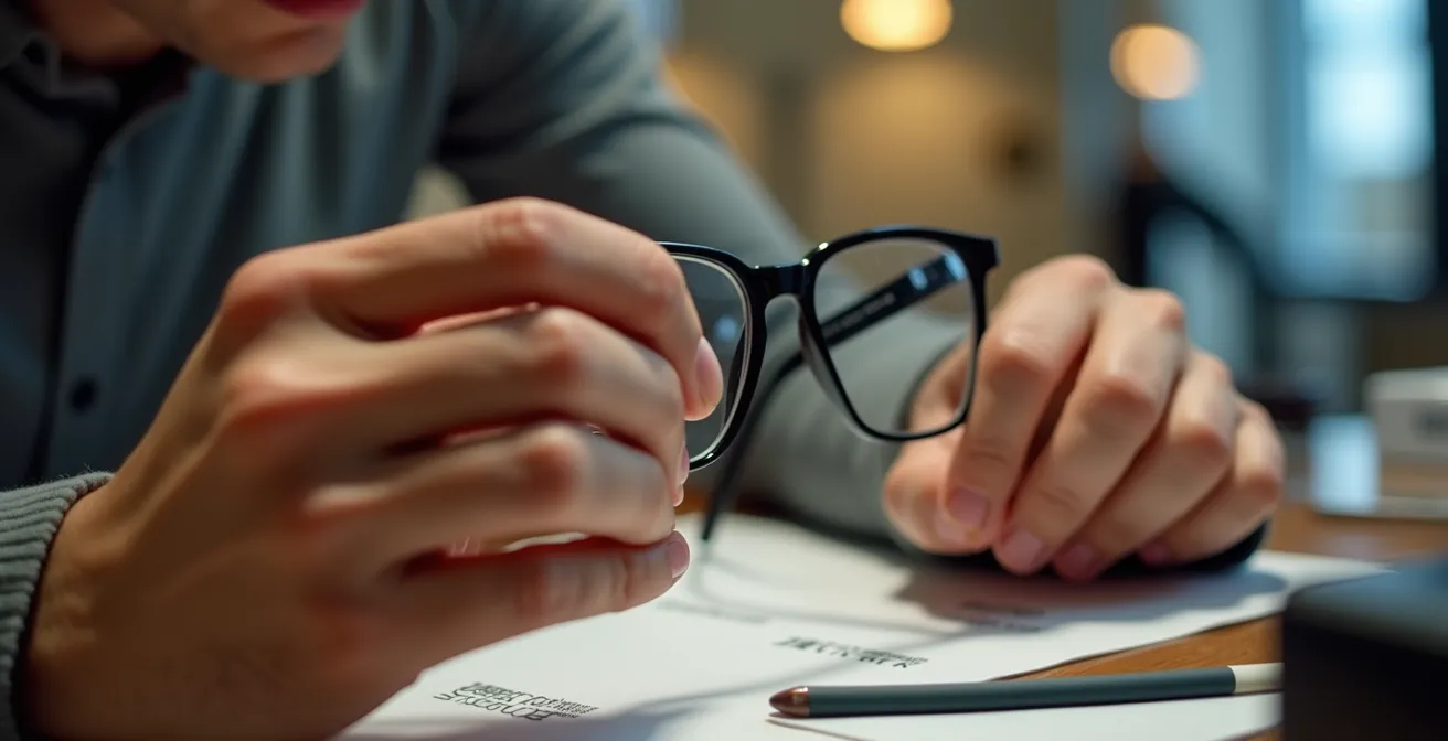 Mains d'opticien ajustant délicatement les branches d'une monture de lunettes avec technique professionnelle