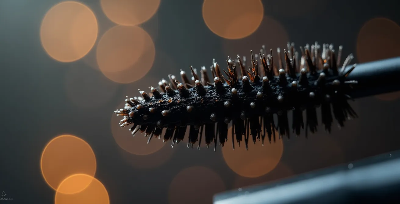 Vue macro de l'applicateur de mascara montrant la contamination bactérienne invisible