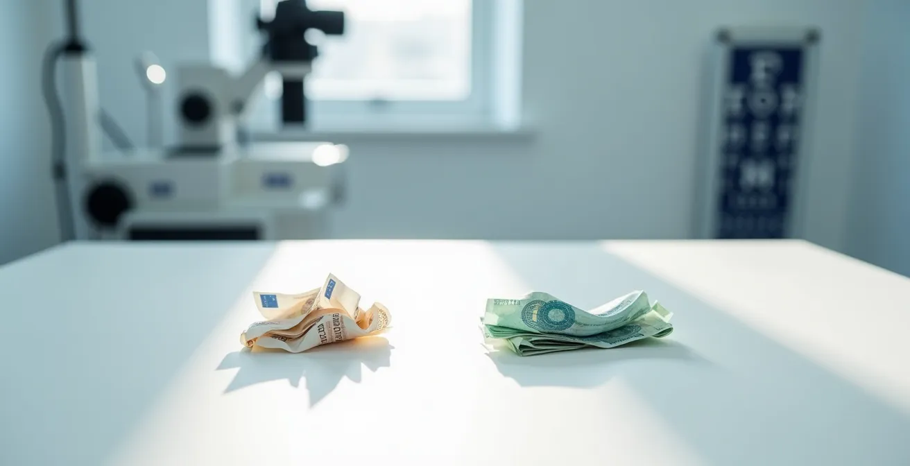 Composition symbolique montrant une balance déséquilibrée entre économie et santé oculaire