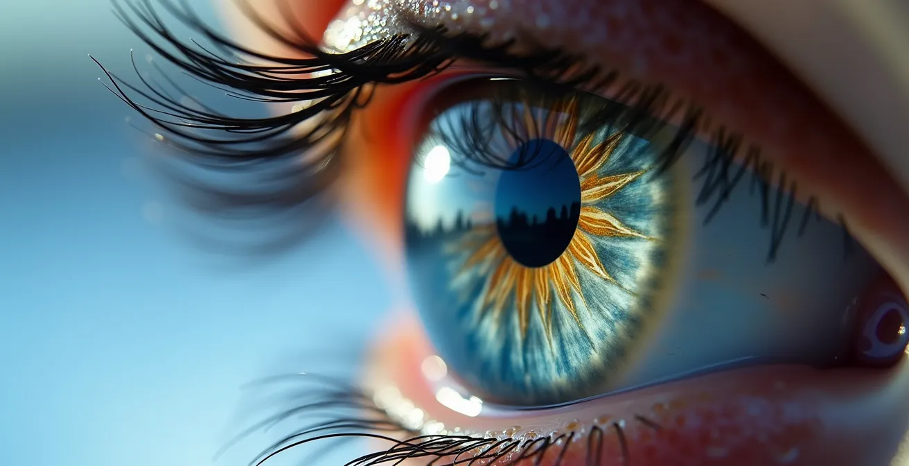 Gros plan sur œil humain avec reflets intenses de lumière sur neige simulant l'agression UV