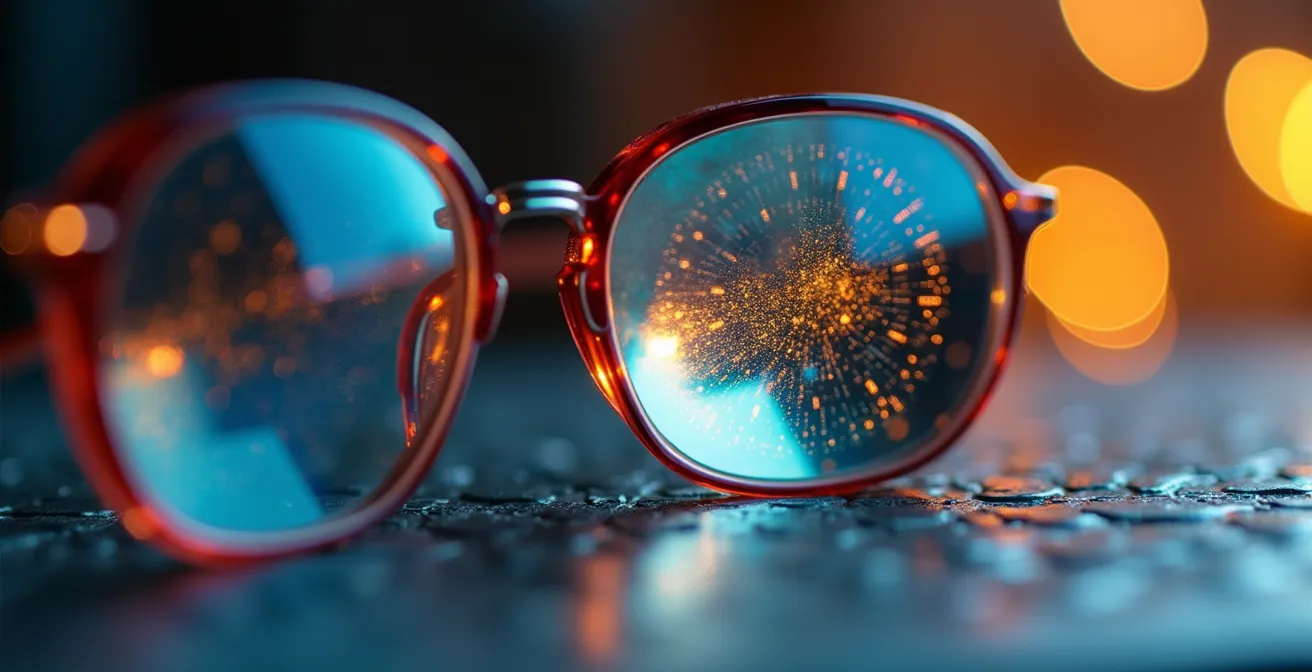 Vue macro sur des verres de lunettes avec reflets abstraits suggérant le temps qui passe