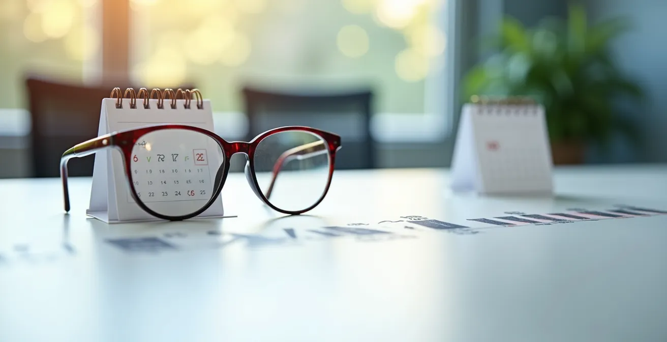 Calendrier visuel du renouvellement des lunettes avec marqueurs temporels