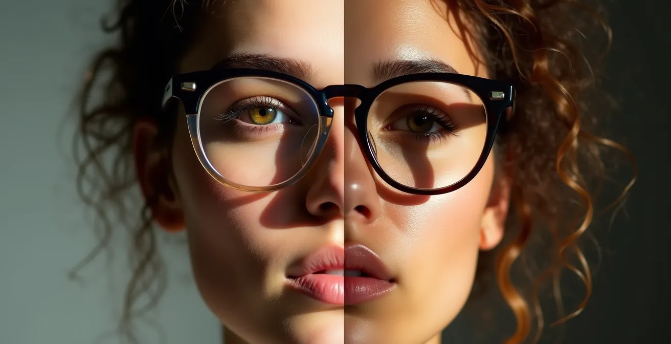 Comparaison côte à côte de l'effet d'une monture fine versus épaisse sur un visage aux joues rebondies