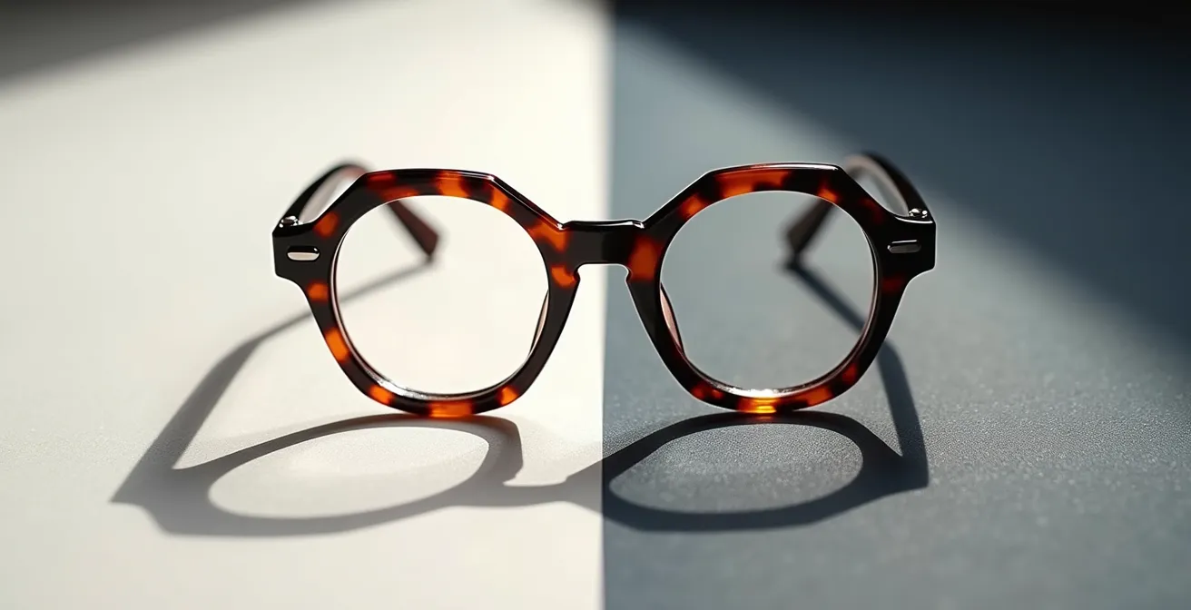 Deux montures hexagonales homme, une en métal fin et une en acétate épais, sur fond neutre