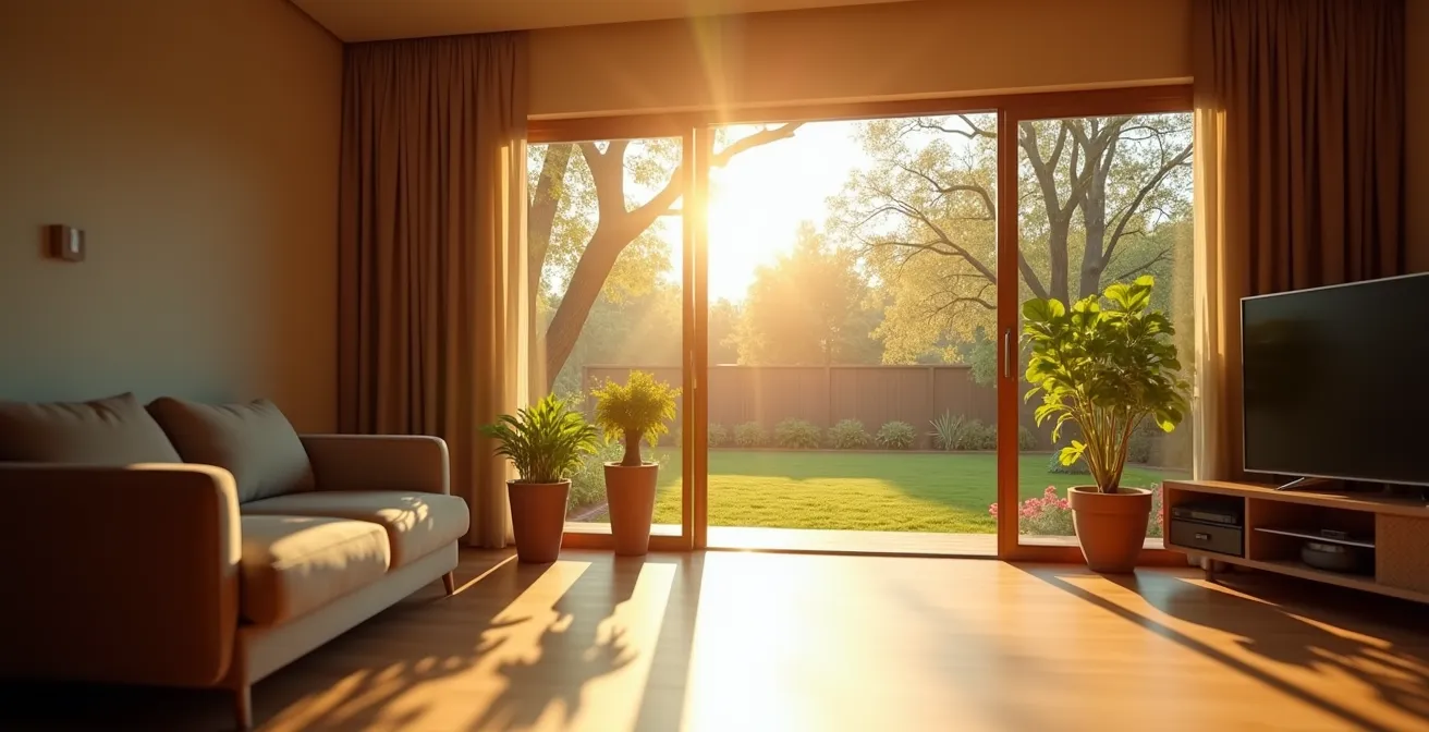 Comparaison visuelle de l'intensité lumineuse entre un salon et l'extérieur