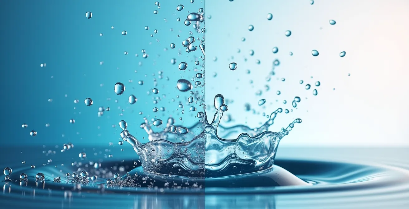 Comparaison microscopique du comportement de l'eau sur verre traité antibuée et sur verre non traité