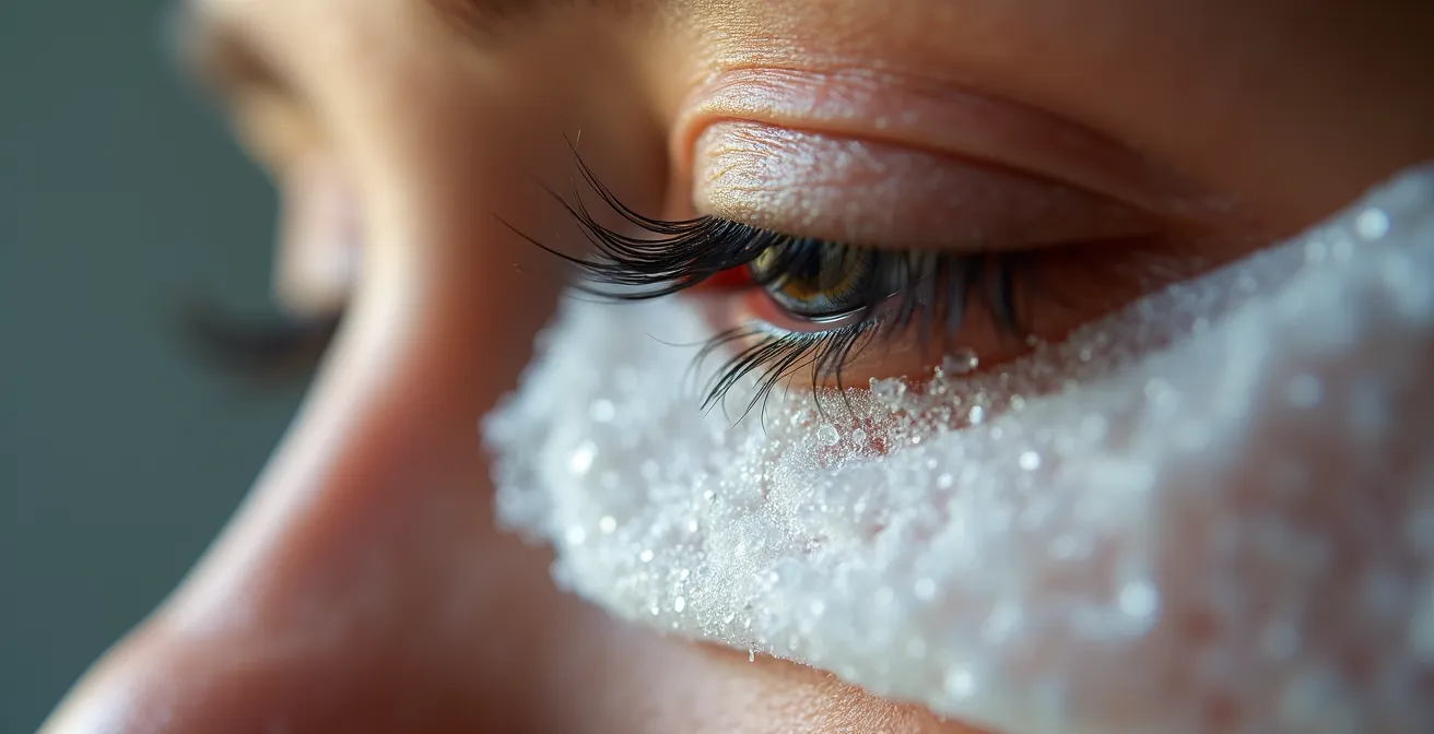 Vue macro d'une compresse froide appliquée sur un œil fermé avec condensation visible