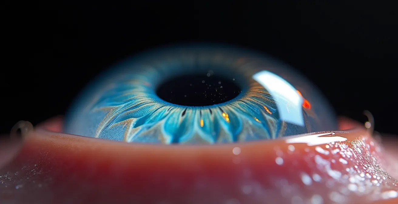Vue en coupe d'un œil avec lentille d'orthokératologie montrant le film lacrymal