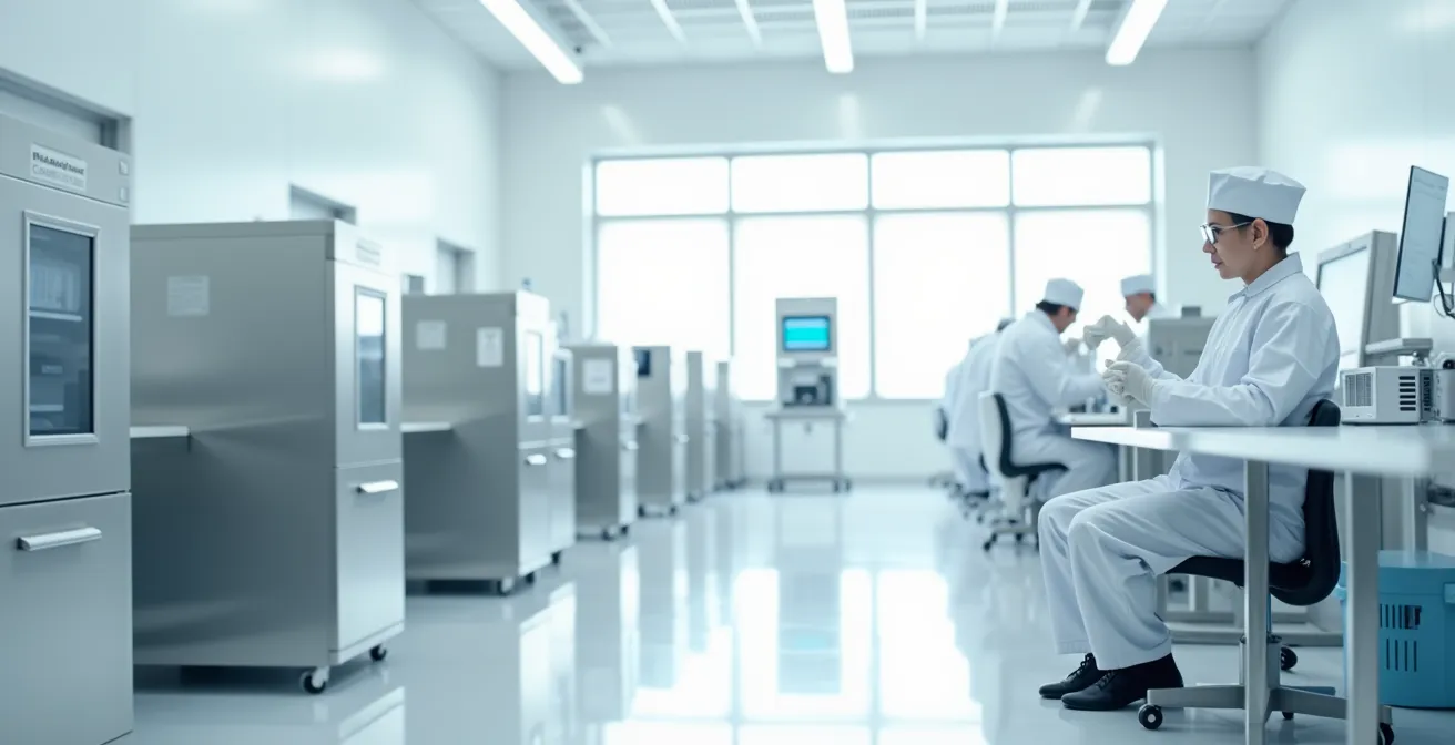 Laboratoire de fabrication d'implants avec technicien manipulant une lentille ICL