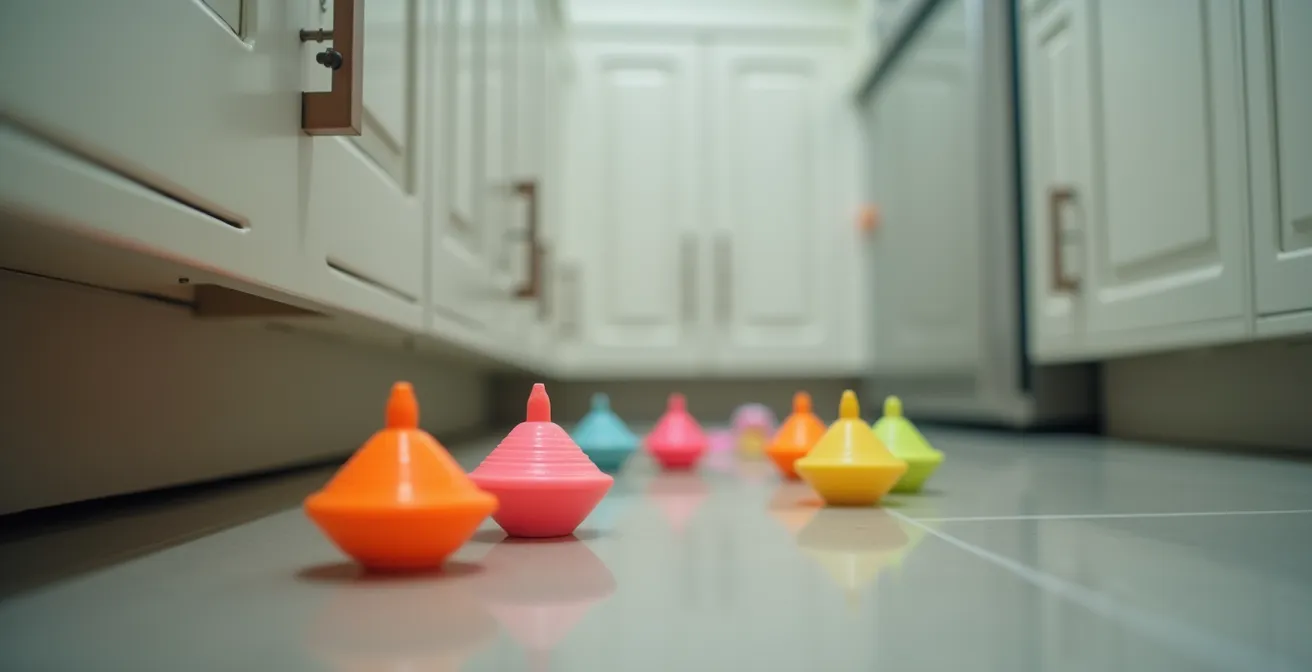 Vue à hauteur d'un jeune enfant, montrant des capsules de lessive colorées et attrayantes laissées sur un plan de travail.