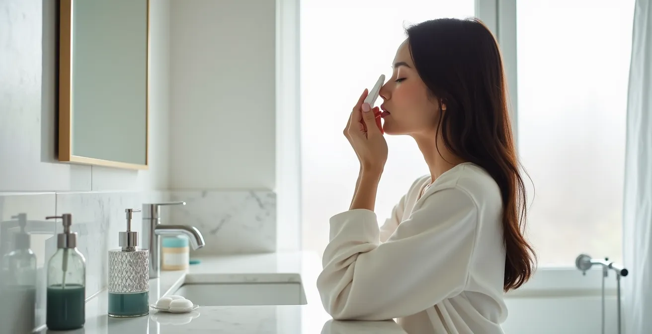 Technique de démaquillage par compresse douce sur œil fermé, vue latérale montrant la délicatesse du geste