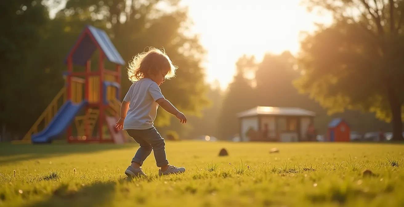 Enfant jouant en extérieur dans un parc ensoleillé avec espace négatif important