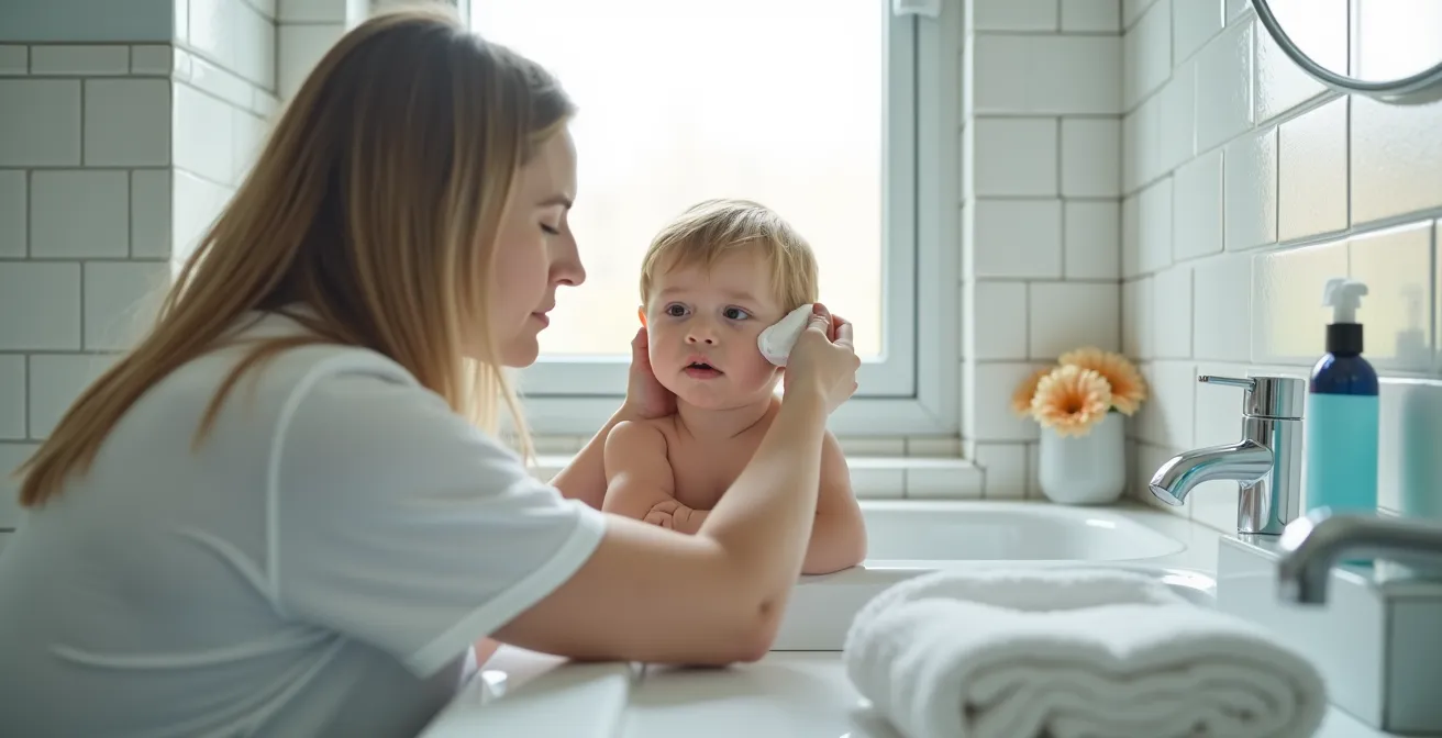 Parent appliquant délicatement du sérum physiologique sur l'œil d'un enfant