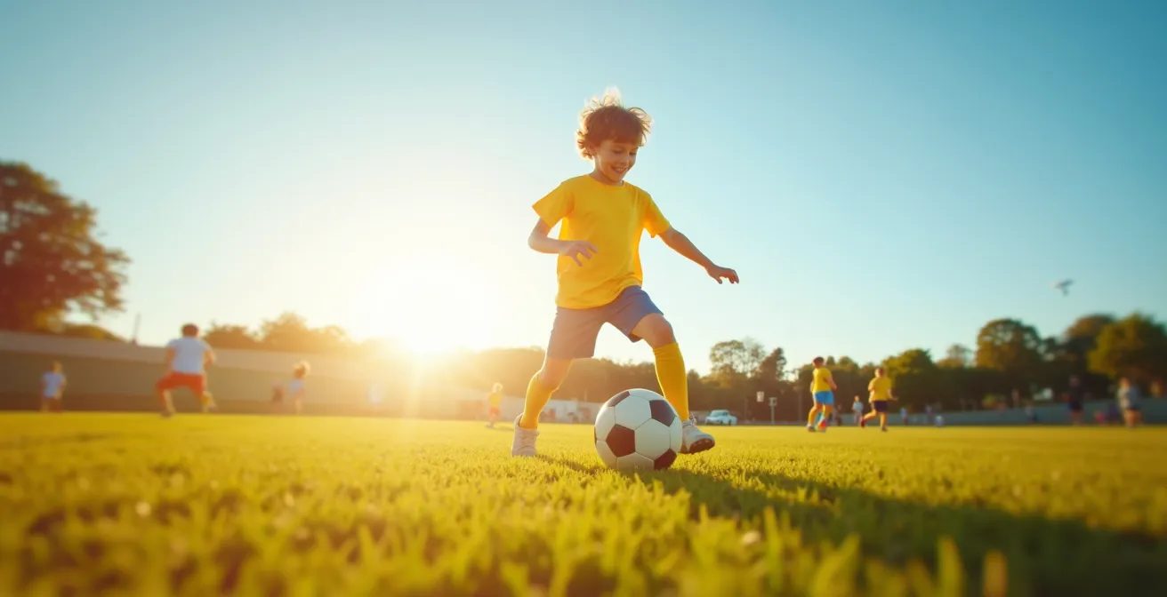 Enfant jouant au football en plein air sous le soleil, vision claire sans correction