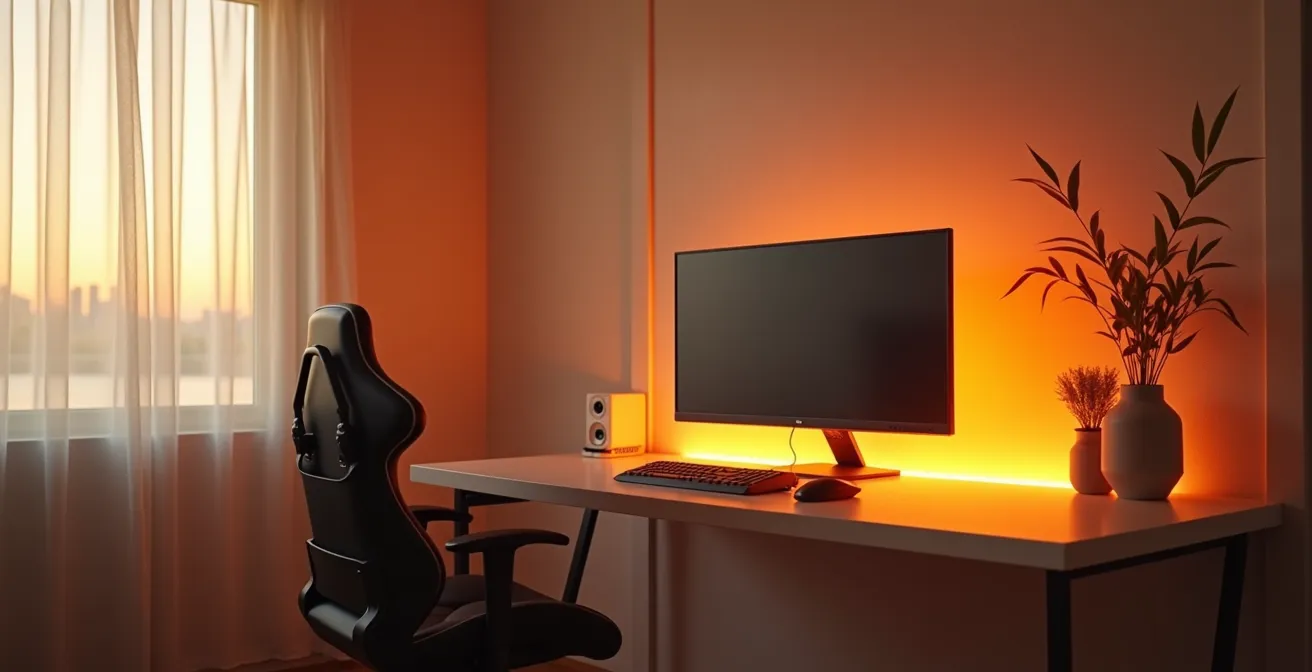 Vue d'ensemble d'un espace de travail gaming ergonomique avec éclairage ambiant