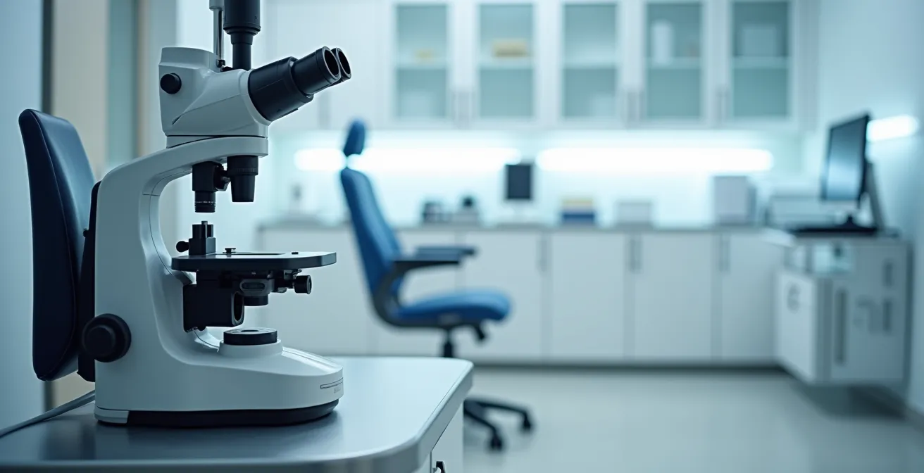 Gros plan sur un examen ophtalmologique montrant l'équipement médical sophistiqué utilisé pour le dépistage.