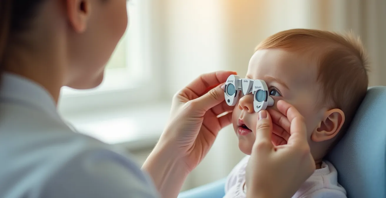 Examen ophtalmologique d'un nourrisson avec techniques adaptées et matériel pédiatrique