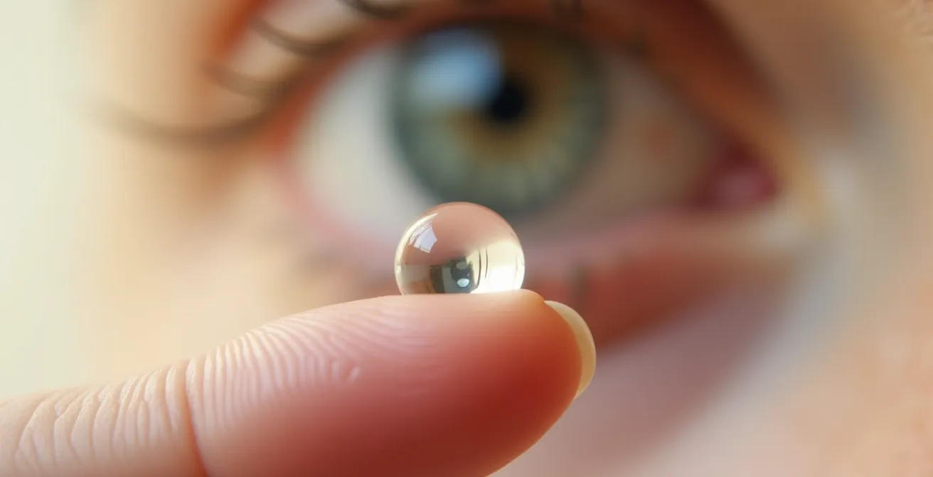 Vue macro d'un doigt avec une goutte de sérum physiologique s'approchant doucement d'un œil pour l'exercice de désensibilisation