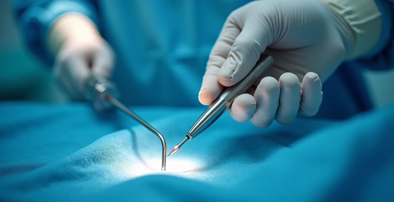 Main chirurgicale tenant un micro-instrument d'extraction ophtalmique