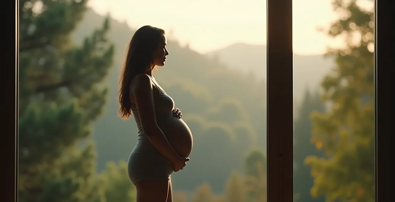 Femme enceinte regardant au loin par une fenêtre pour reposer ses yeux