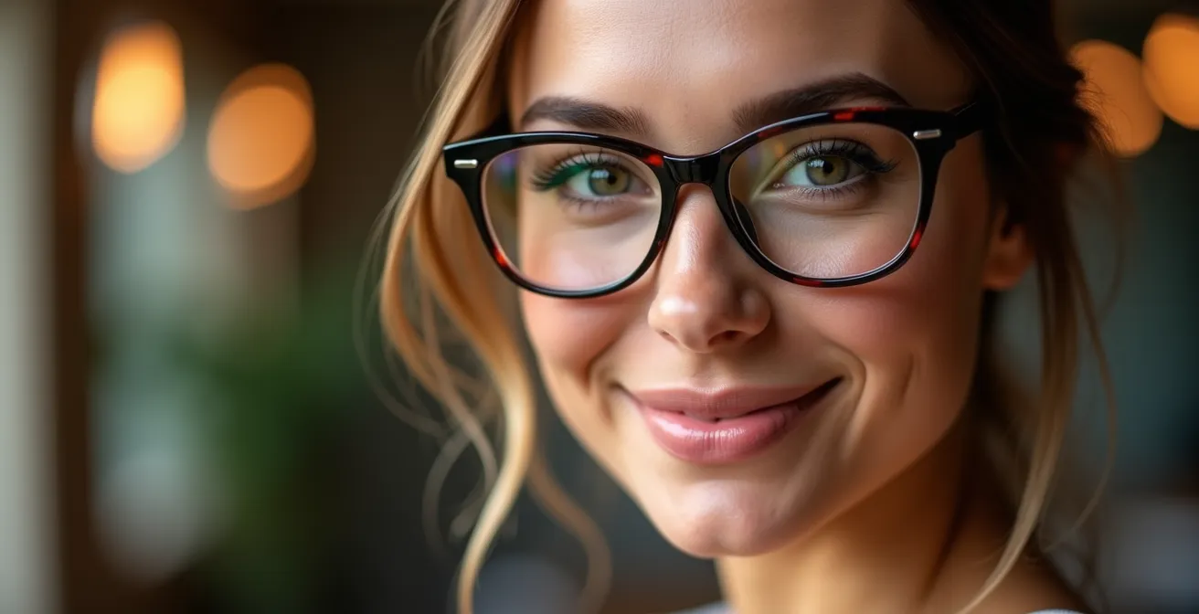 Portrait de femme portant des lunettes pour forte myopie avec maquillage optimisé