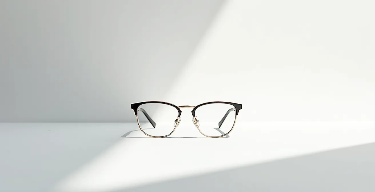 Schéma technique d'un verre progressif montrant les trois zones de vision dans une monture