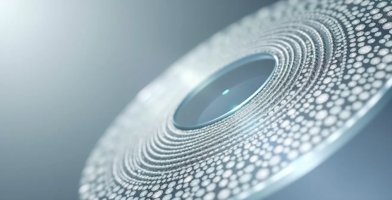 Vue macro détaillée d'un verre de freination montrant les microlentilles et anneaux concentriques