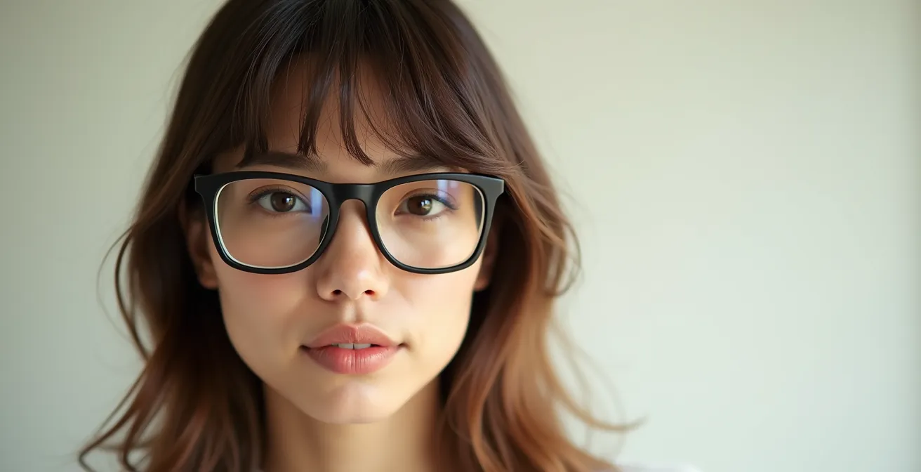 Démonstration de l'espace optimal entre frange et monture rectangulaire pour éviter l'effet boîte