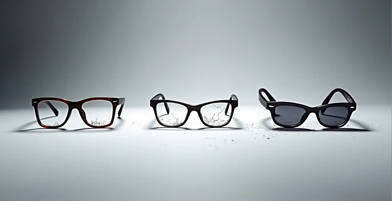 Composition montrant trois types de cassures de montures de lunettes sur surface neutre