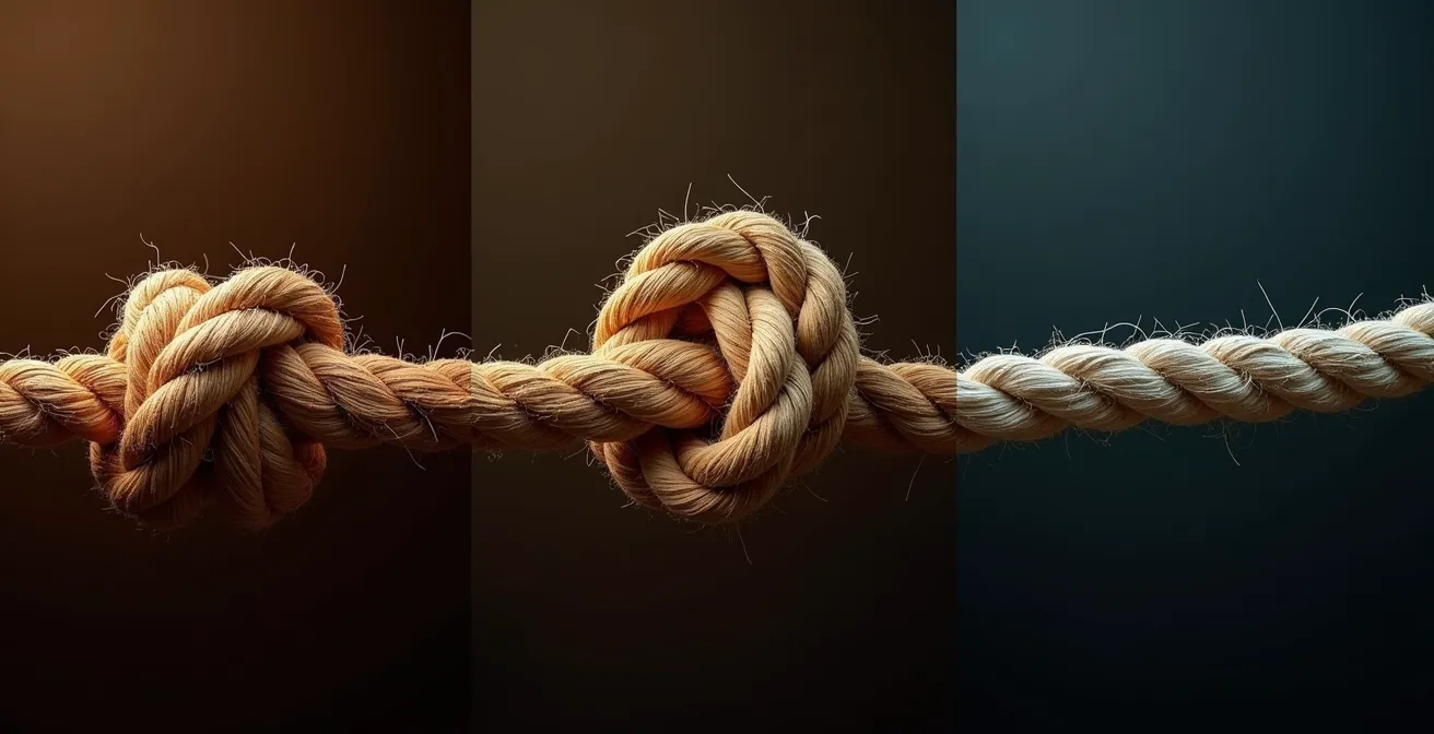 Évolution posturale symbolique sur 3 jours, montrant une corde tendue qui se relâche progressivement.