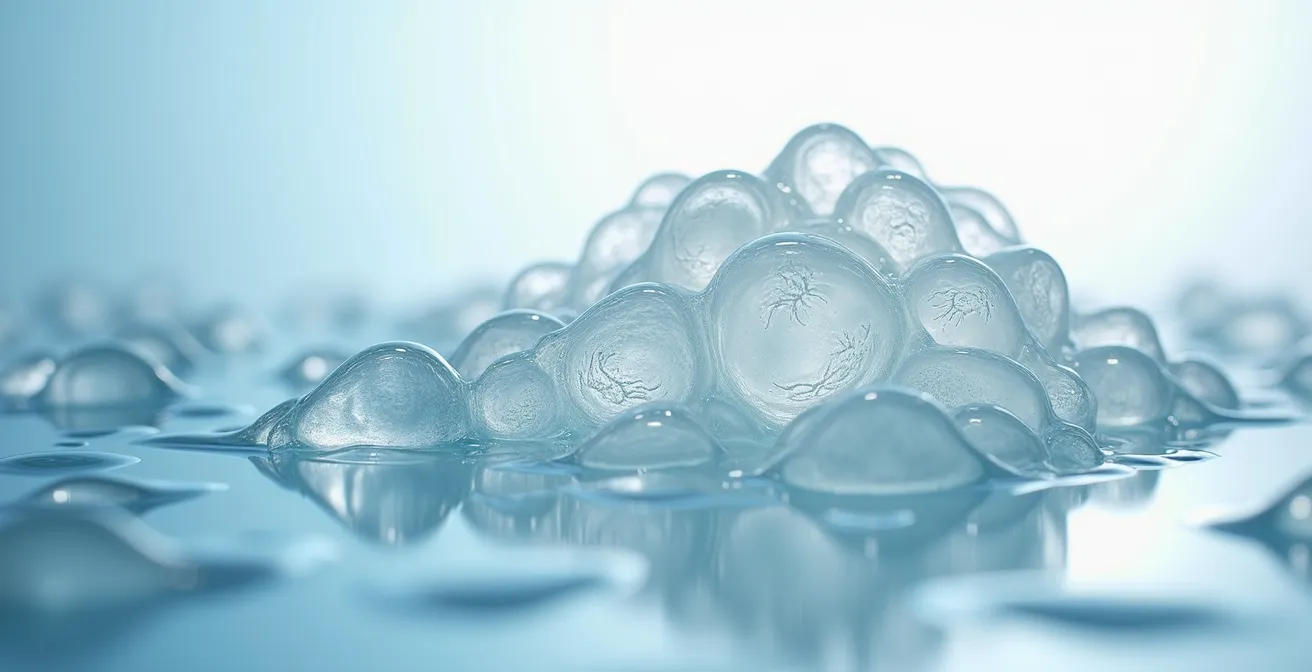 Vue microscopique montrant la transformation du gel vitréen avec des fibres de collagène qui s'agrègent