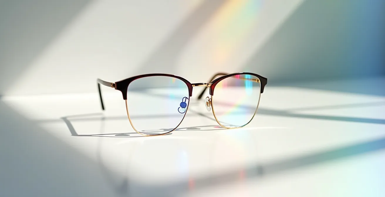 Vue artistique de verres optiques spéciaux avec reflets colorés