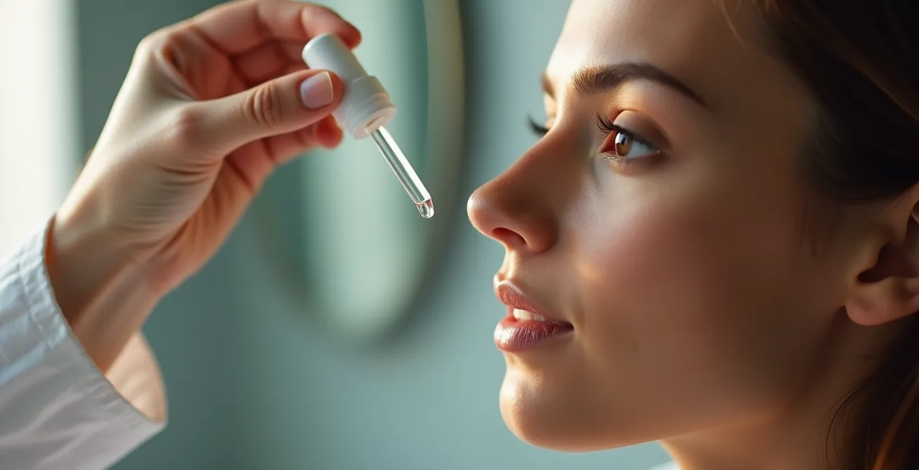 Main appliquant avec précision des gouttes de larmes artificielles pour réhydrater l'œil.