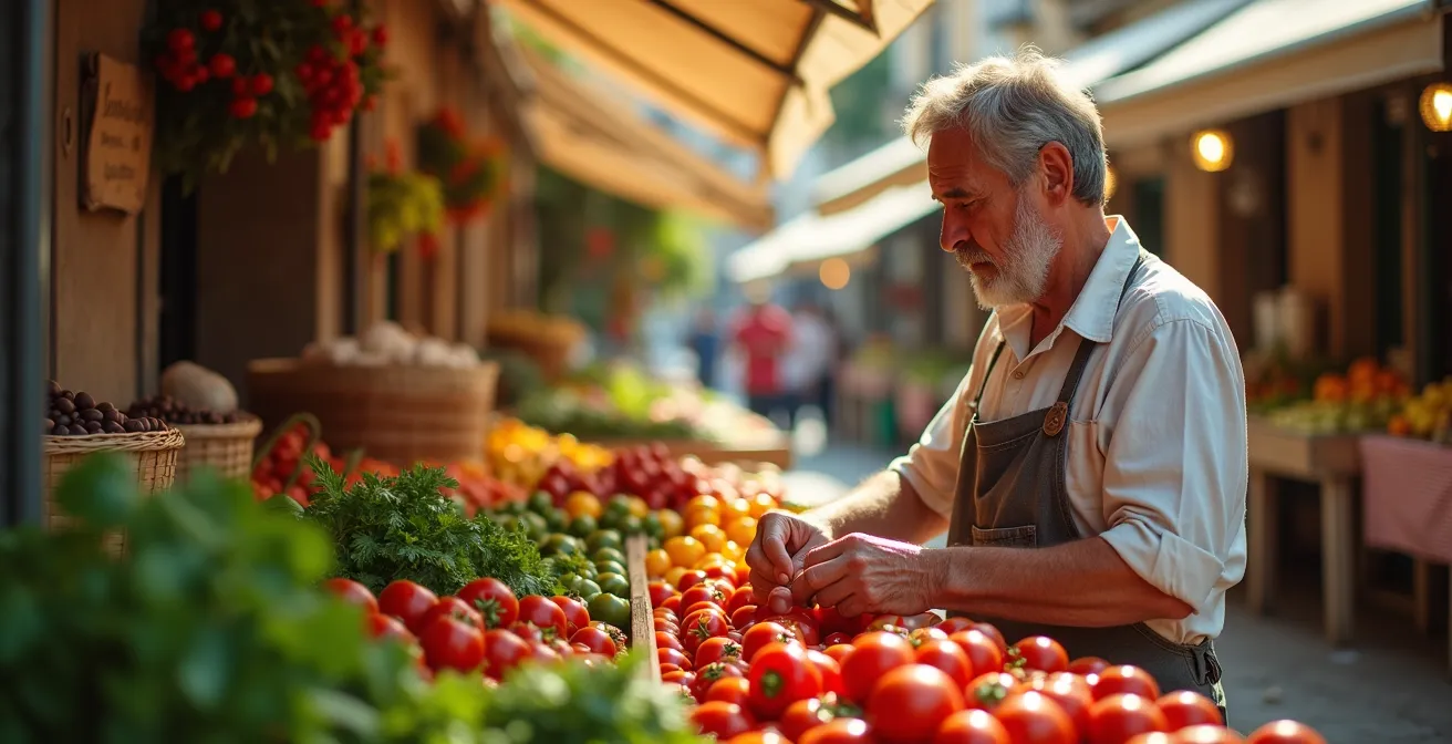 Marché méditerranéen ensoleillé avec étals de fruits et légumes colorés