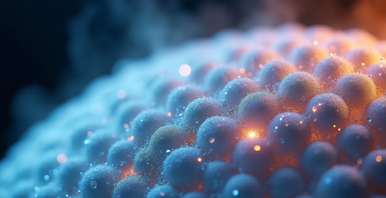 Gros plan sur un masque thermique oculaire montrant les perles chauffantes à travers le tissu