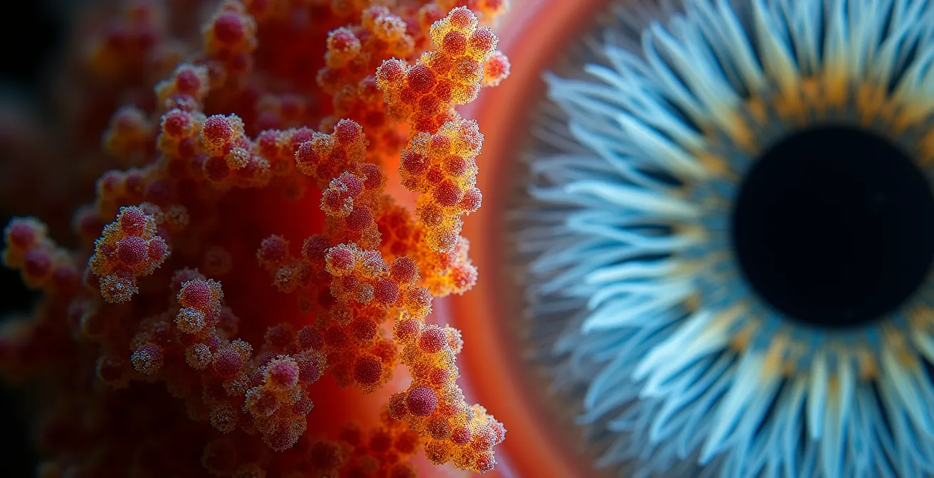 Vue microscopique artistique montrant la diversité bactérienne de la bouche humaine en contraste avec une cornée saine