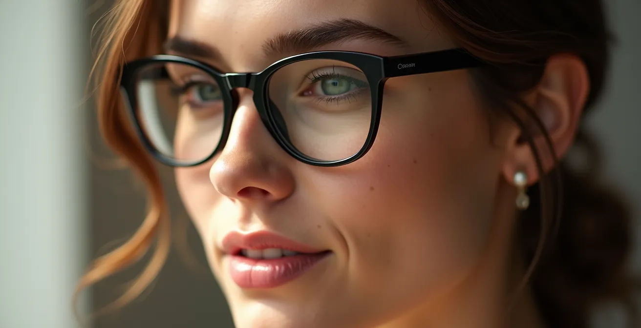 Coupe transversale d'une monture acétate épaisse montrant l'encastrement du verre