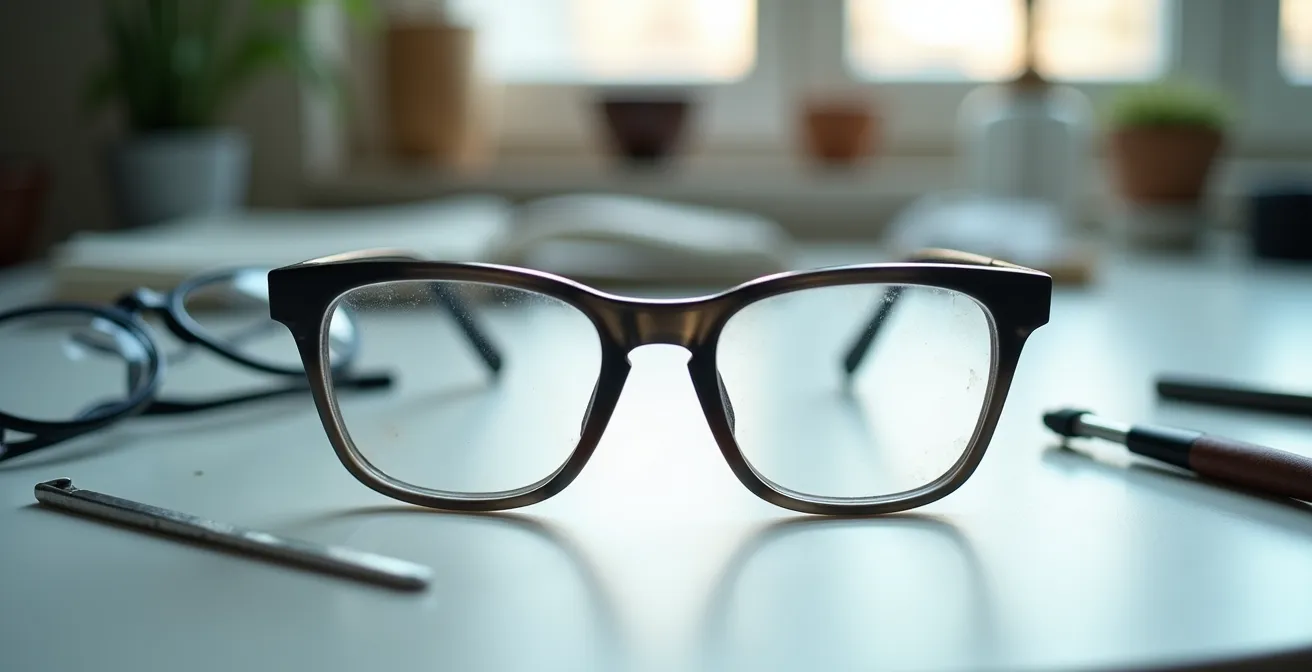 Monture de lunettes en plastique montrant des signes de vieillissement