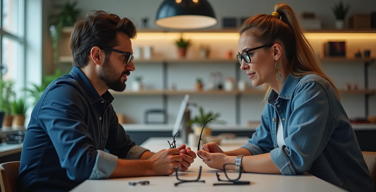 Discussion professionnelle entre un opticien et un client dans un atelier d'optique