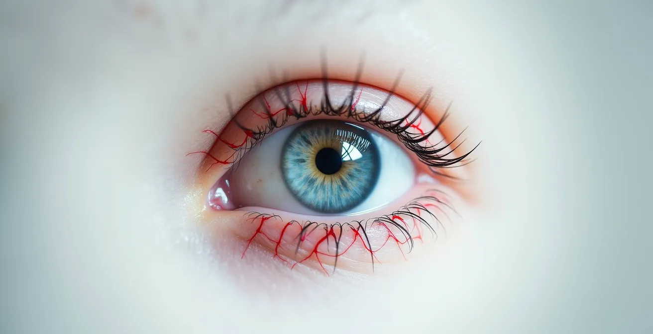 Vaisseaux sanguins rouges envahissant progressivement le blanc de l'œil, signe d'une néovascularisation cornéenne.