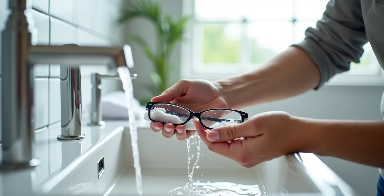 Mains nettoyant délicatement des lunettes avec eau et microfibre