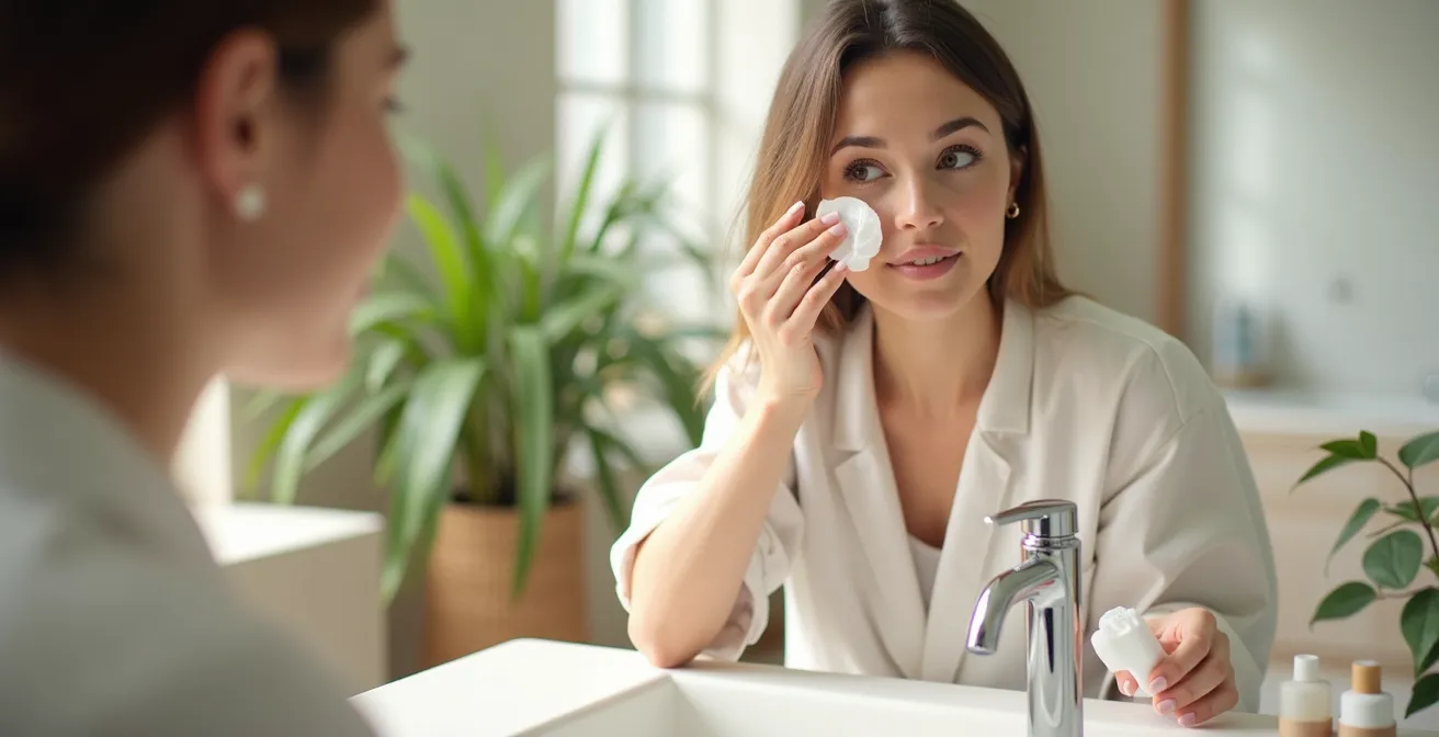 Personne effectuant un nettoyage délicat du bord des paupières avec une lingette spécialisée