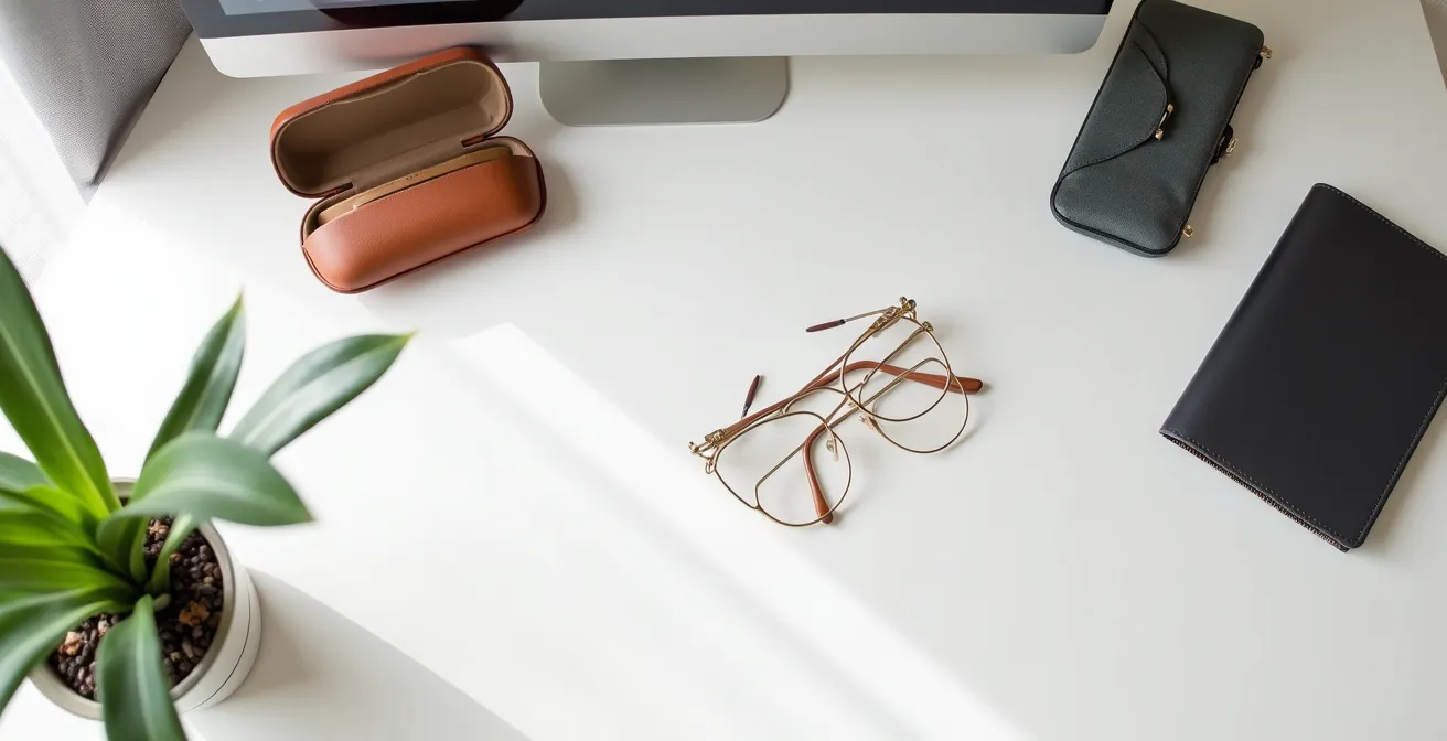 Organisation d'un bureau avec deux étuis à lunettes distincts, un près de l'ordinateur, l'autre près d'un sac.