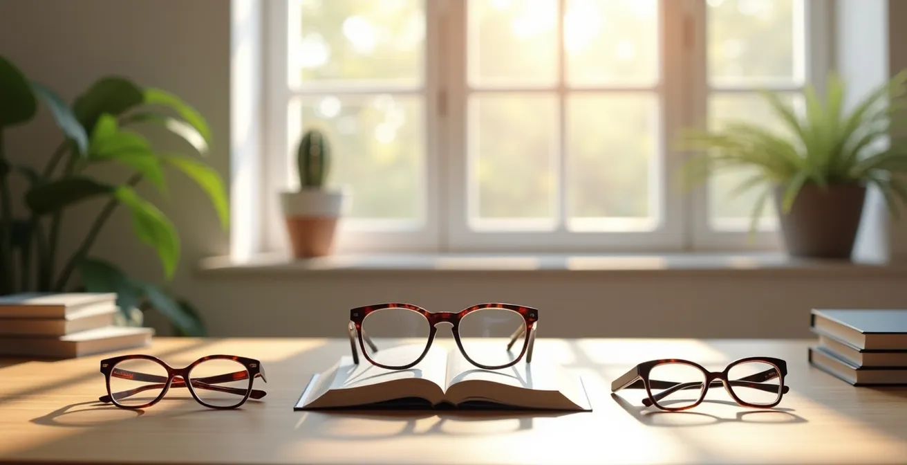 Composition minimaliste montrant l'éloignement progressif nécessaire pour la lecture avec l'âge