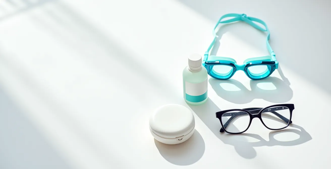 Matériel de sécurité pour nageur porteur de lentilles disposé sur une surface