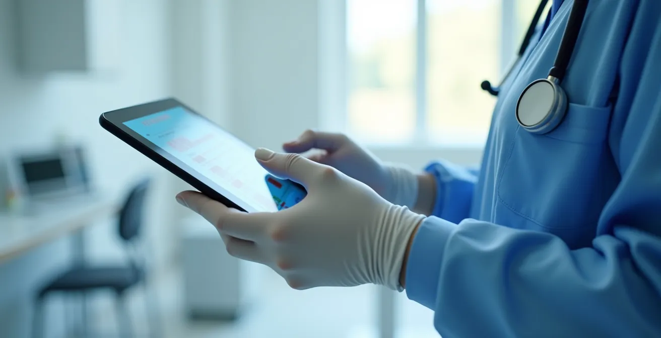 Mains d'un professionnel de santé tenant une tablette floue avec des données médicales non lisibles