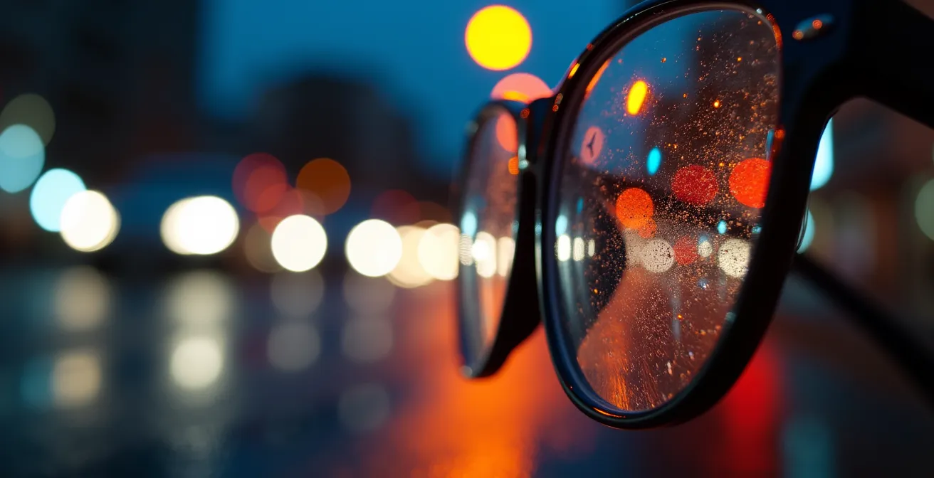 Gros plan sur des verres de lunettes montrant les reflets multiples des phares de voiture