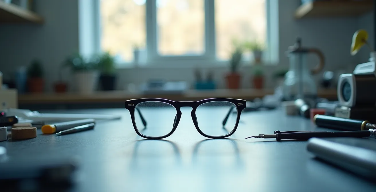 Vue macro du réglage des plaquettes de lunettes montrant les deux axes d'ajustement possibles