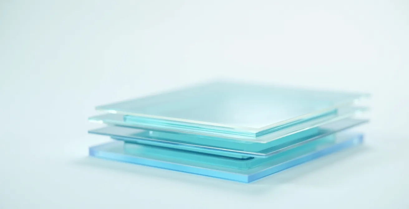 Vue en coupe détaillée montrant les différentes couches d'un verre de lunettes organique