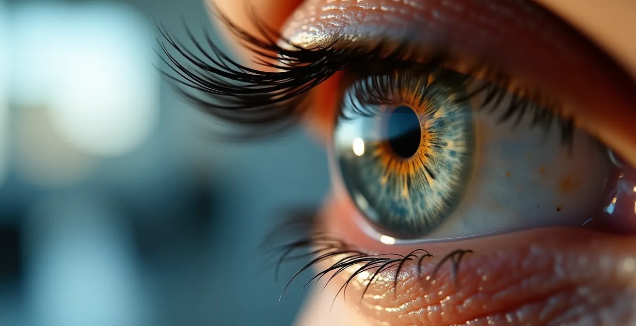 Vue macro sur un œil humain avec reflet d'un bureau flou en arrière-plan